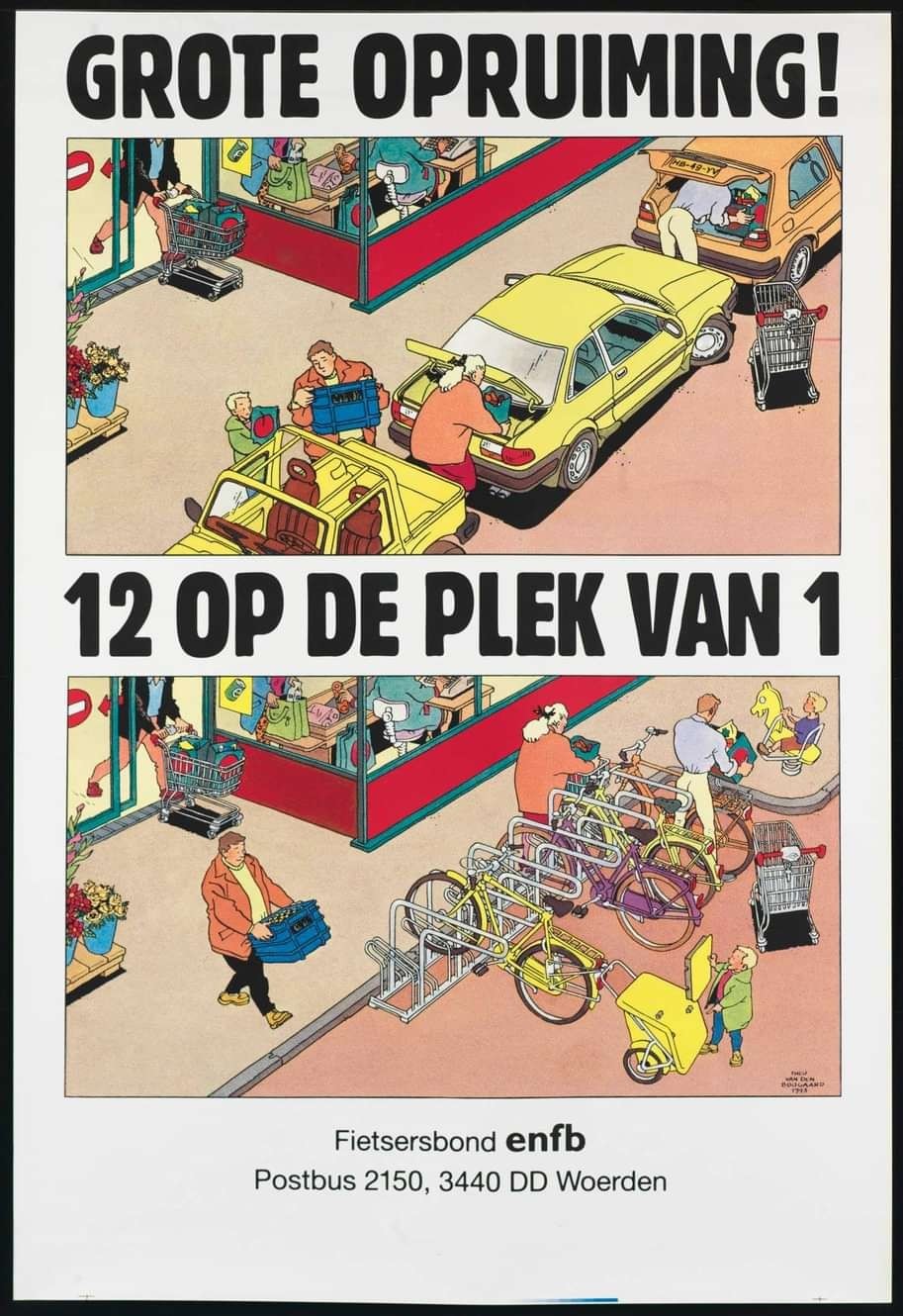 ENG
2 panels poster
1) on top writing: "Big Clearance!". A street in front of a store: cars are parked on the side, some people is loading the trunk. 
2)on top writing: "12 in place of 1!" Same scene, but a 12 bike parking rack is placed where one parked car was. Again people are loading bags, but on the bikes

ITA
Poster con 2 riquadri
1) scritta "grande offerta!" 
Strada di fronte ad un negozio: alcune auto sono parcheggiate di fronte al negozio. Alcune persone caricano pacchi sulle auto
2) scritta:"12 per 1!"
Stessa scena, ma al posto di una delle auto parcheggiate c'è uno stallo per 12 bici. Anche qui ci sono alcune persone che caricano pacchi e borse, ma sulle bici