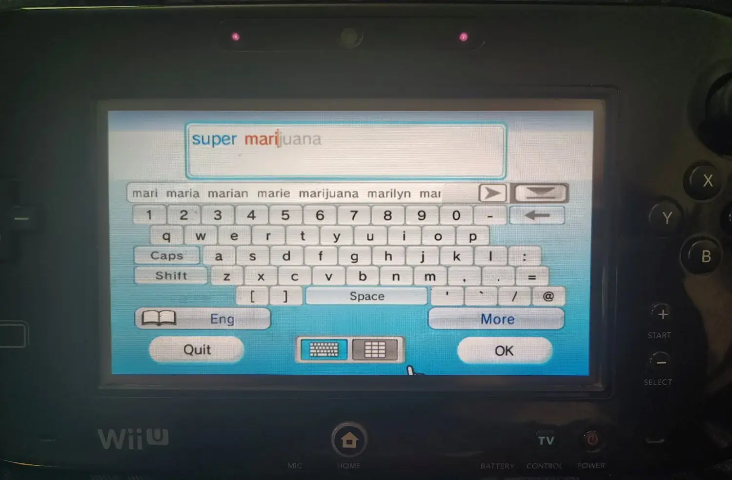 A Nintendo Wii U Gamepad, showing a search bar with "super mari" typed, so far. The on-screen keyboard's fifth suggestion is "marijuana".