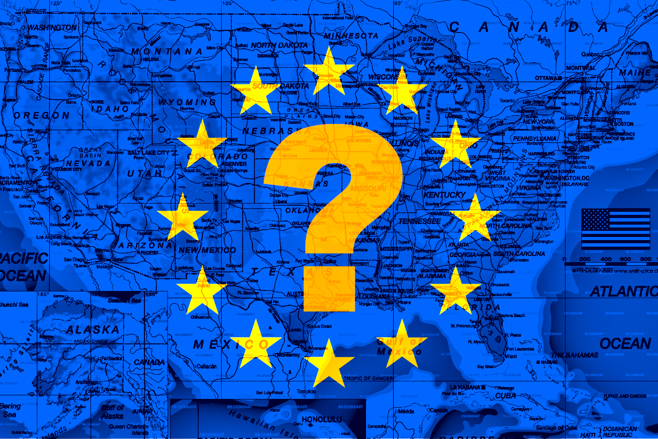 EU flag with a question mark and the USA map in the background