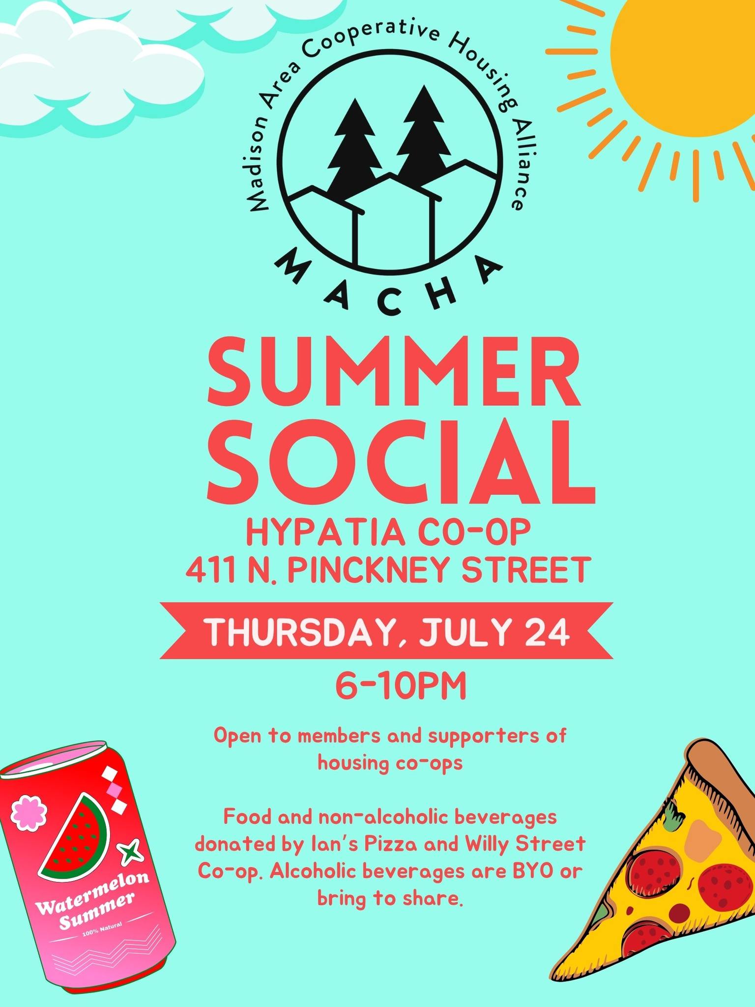 MACHA Summer Social, Thursday, July 24, 6-10pm at Hypatia Co-op, 411 N. Pinckney St