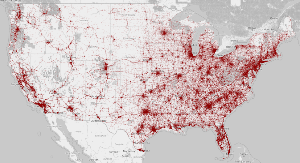 pic shows a map of the USA with roads overlaid with red dots for each roadway death