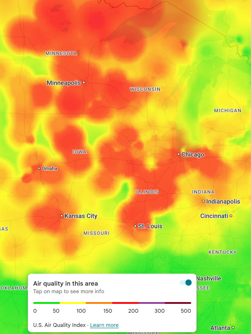Air quality map of the midwest showing poor air quality over the area from the Canadian wildfires.